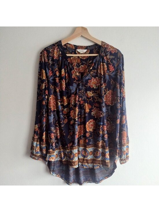 Lucky Brand Tops - Lucky Brand Floral Blouse L Navy Tan Knit Relaxed Fit Tunic Top